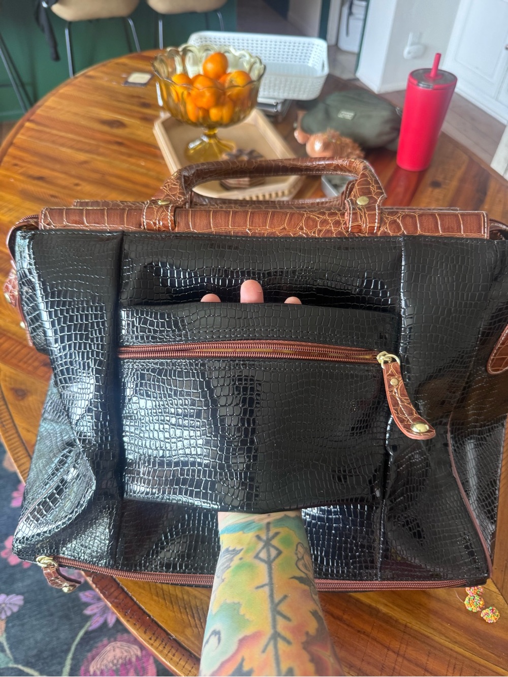 Samantha Brown Croc-Embossed Black Weekender Bag with Brown Trim - Picture 7 of 12